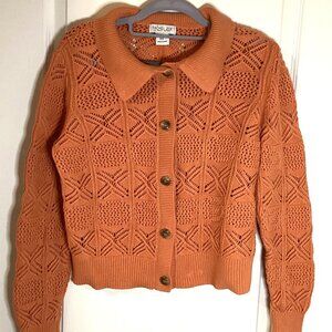 Rachel Zoe Women's Open Knit Orange Cardigan Button Front Collared Sweater Fall